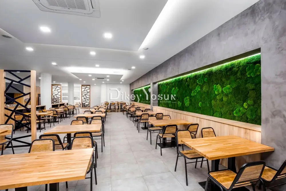 Restoran duvarında niş içine gömülmüş, üstten aydınlatmalı yatay yosun bandı