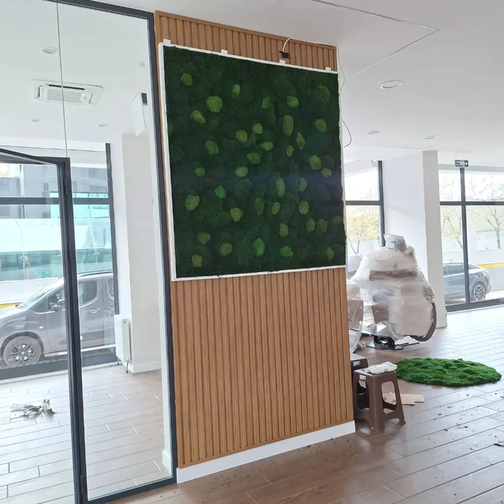 Ataşehir Diş Kliniği projesinde klinik yosun tablo ve duvar uygulaması — görünüm 2
