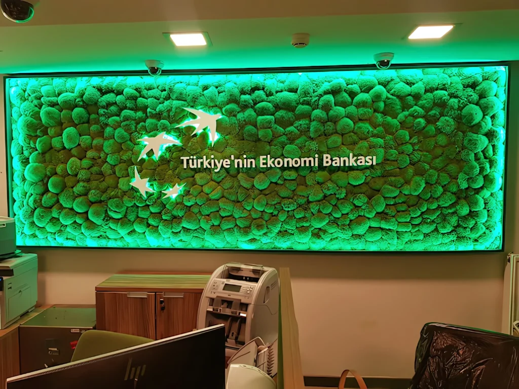 TEB bankosu arkasında aydınlatmalı ball moss yosun duvar