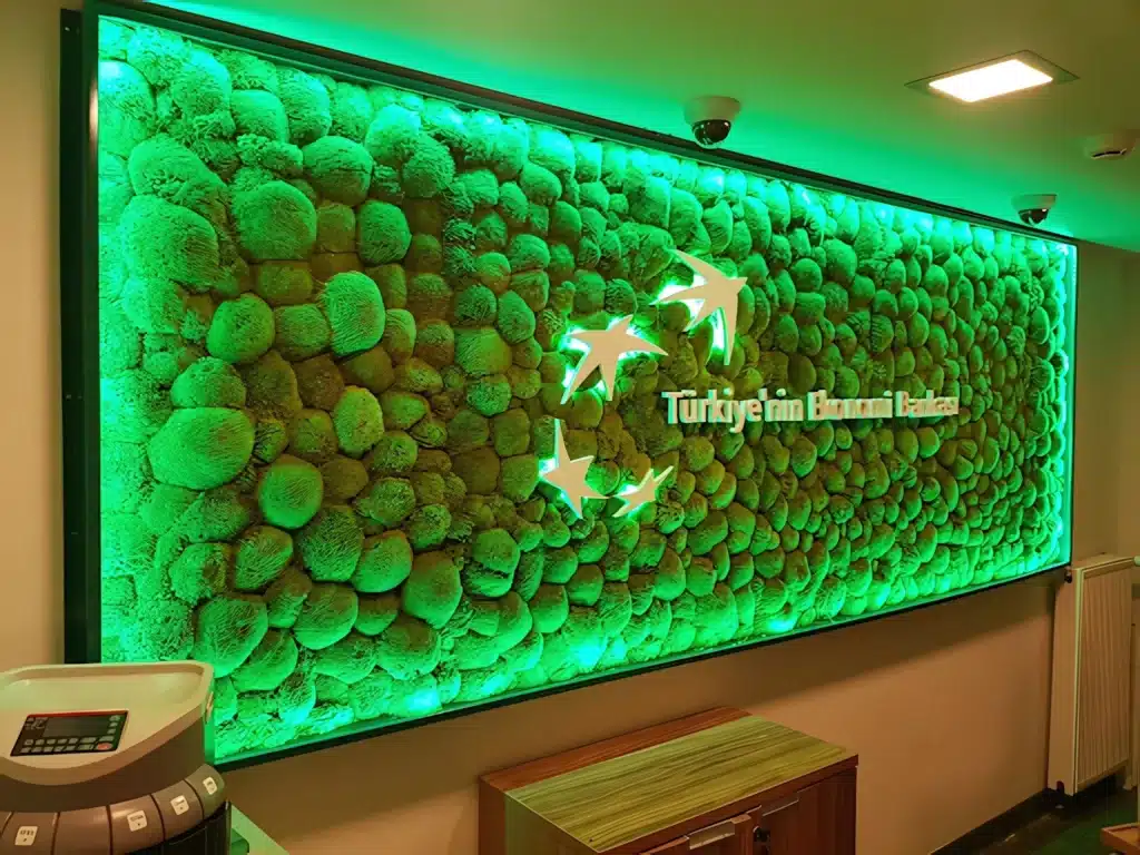 TEB logosu ve Türkiye'nin Ekonomi Bankası yazısı bulunan ball moss duvar